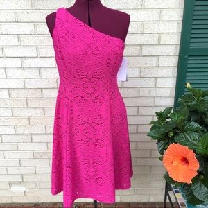 NWT London Times Pink Eyelet One Shoulder Dress